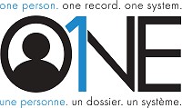 Logo for ONE project, featuring a silhouette in the letter O, and the number 1 forming the letter N; banner text reads one person - one record - one system.